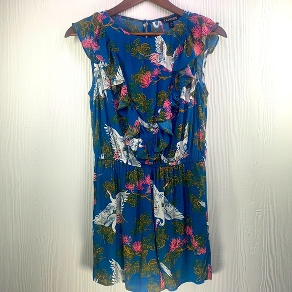Express - Ruffle Short Romper with Bird and Floral Print Size XS - Picture 1 of 13